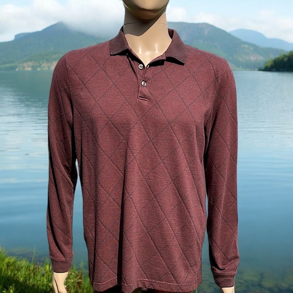 Van Heusen Burgundy Diamond Print Long Sleeve Polo - Picture 2 of 16